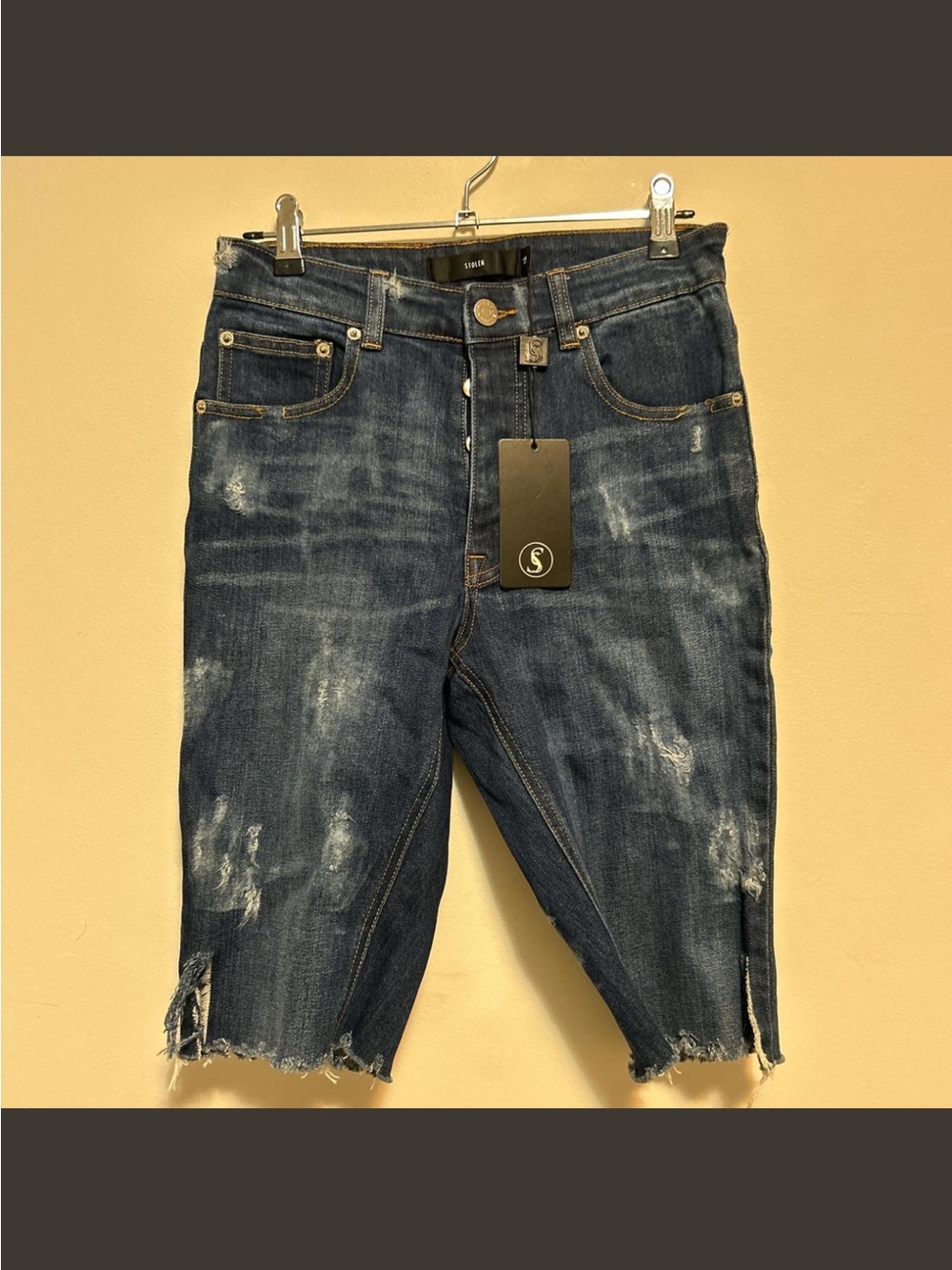 Stolen Girlfriends Club NWT Distressed Dark Blue Denim Bermuda Shorts